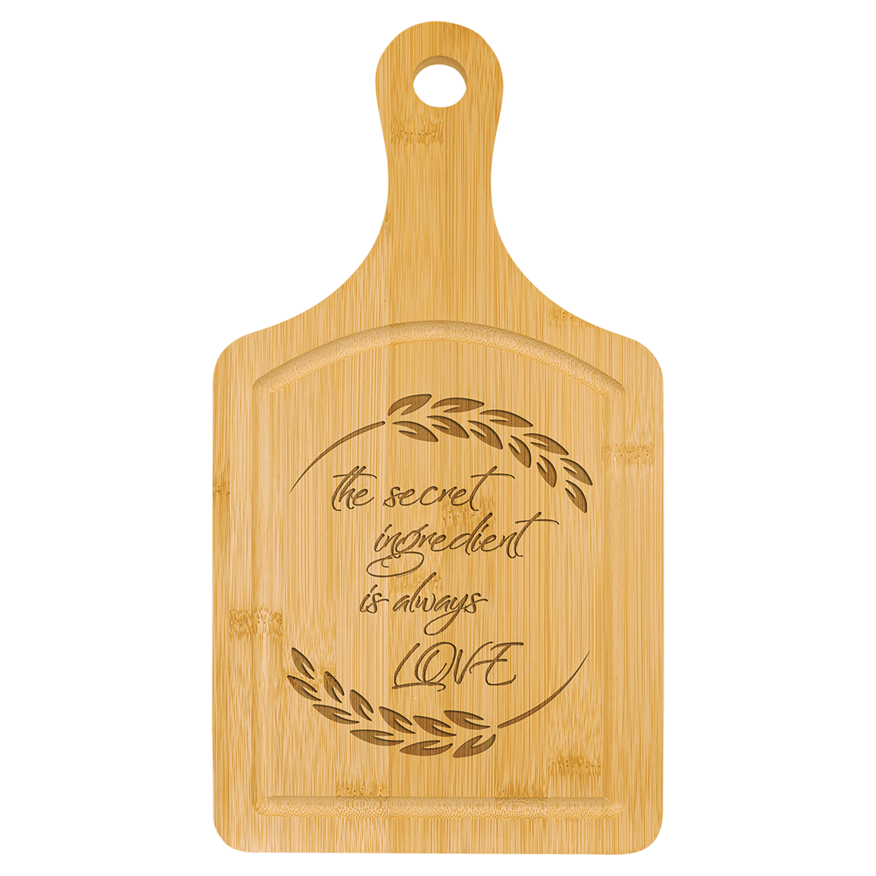 13 1/2" x 7" Multi Brown Bamboo Cutting Board Paddle Shape with Drip Ring