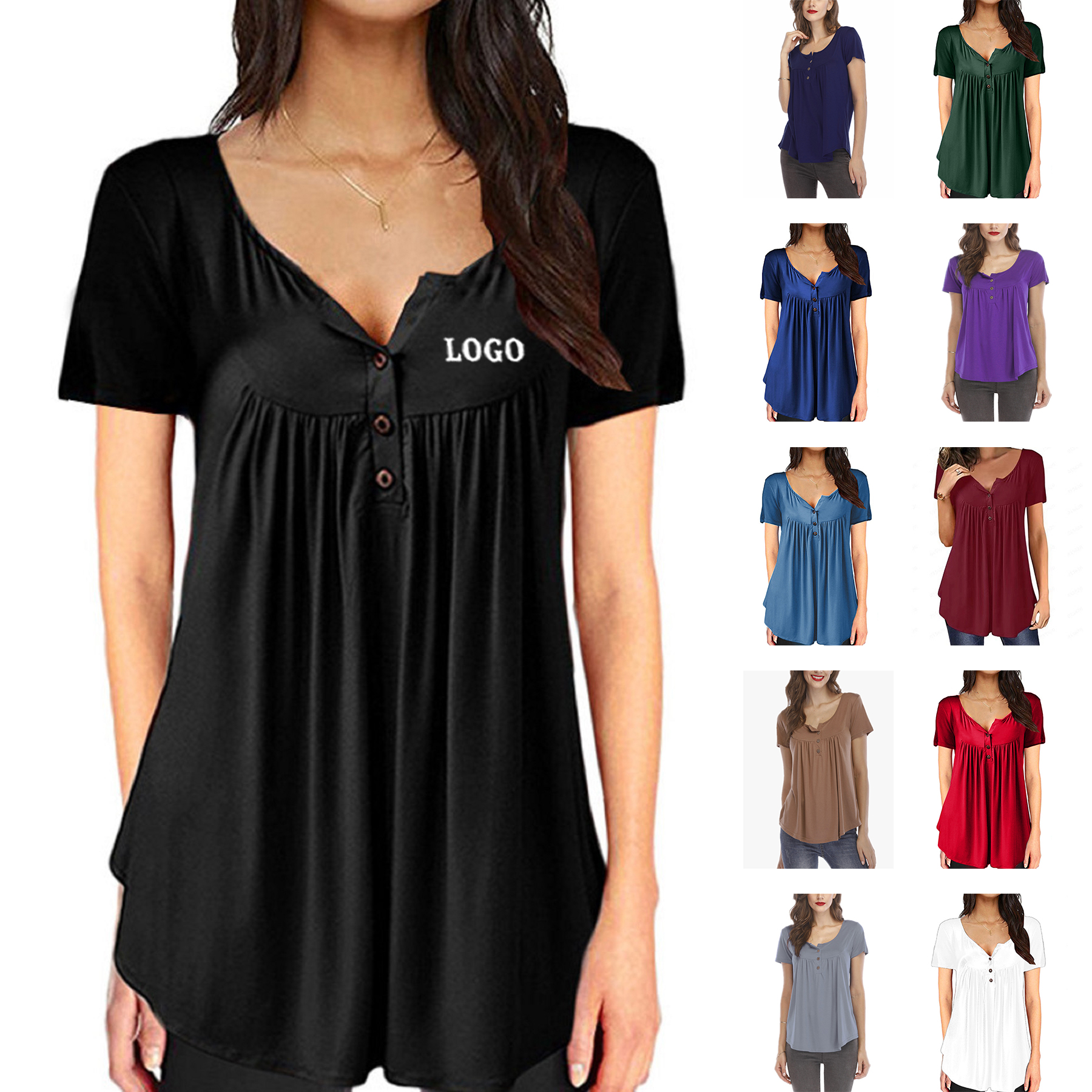 Women's Long Sleeve Henley Shirt Casual Button Up Tunic Tops 20