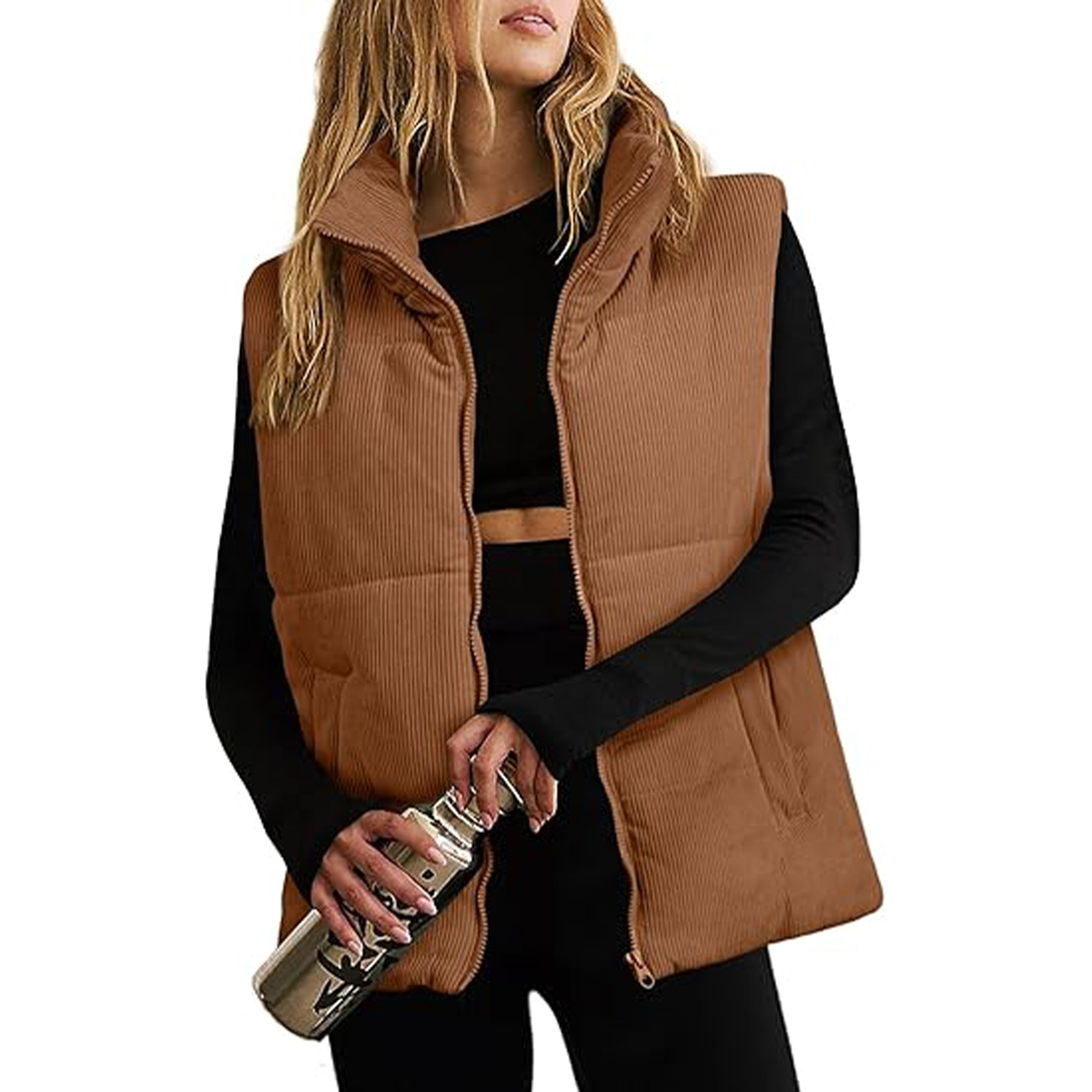 Corduroy Stand Collar Sleeveless Jacket 35