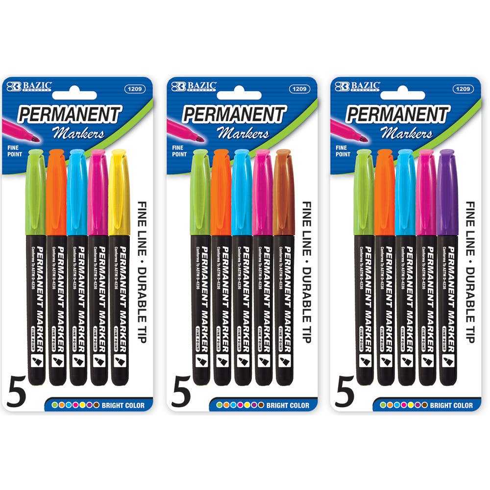 Permanent Markers - 5 Pack Fine Tip Assorted Colors
