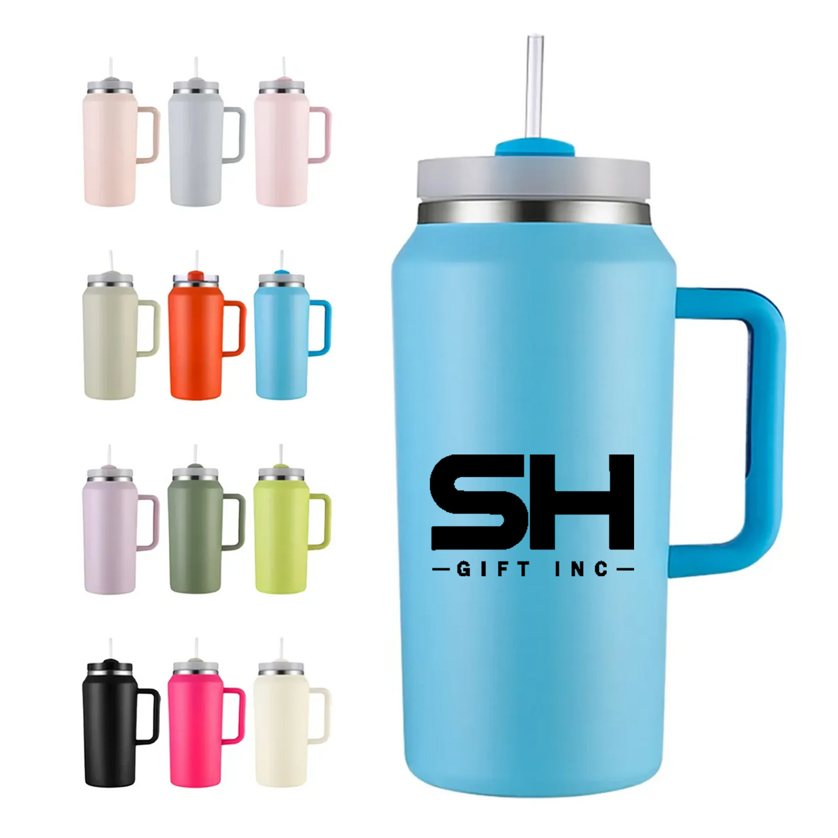 64 oz Stainless Steel Insulated Travel Mug With Straws