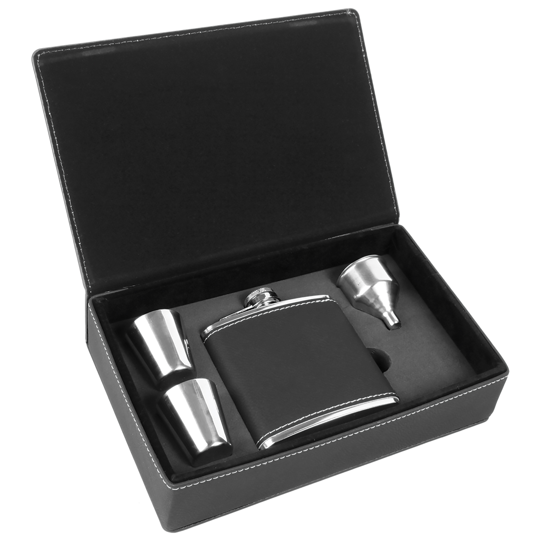 Stainless Steel Black/Silver Leatherette Flask Gift Set 9