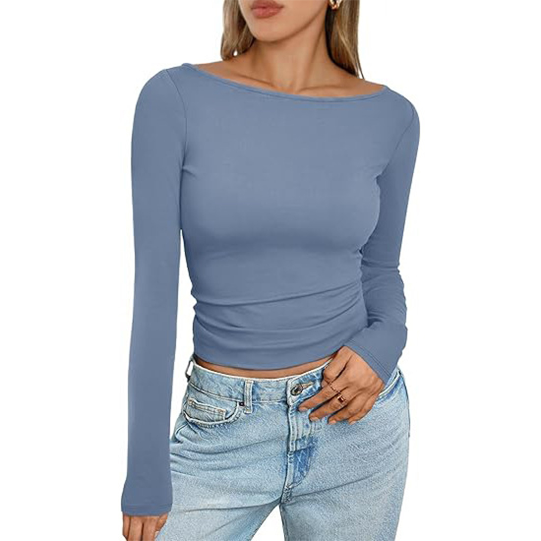Women Boat Neck Long Sleeve Shirt 47