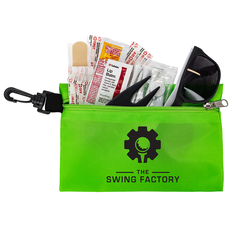 "CHIP 16" 16 Piece Golf Kit in Supersized Zipper Pack Components inserted into Zipper kit with Carab 6