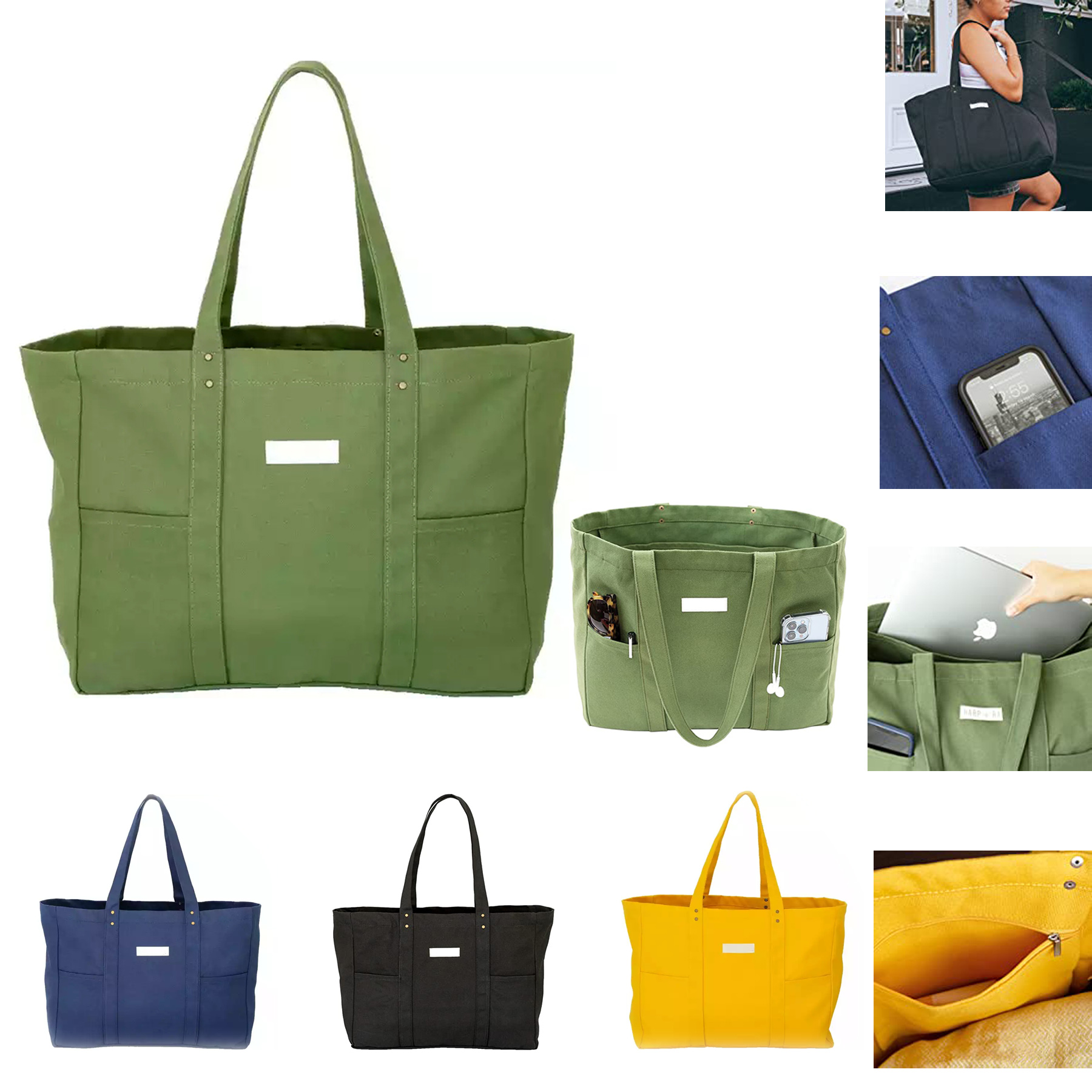 Large Canvas Tote Bag with 2 Front Pockets and Laptop Sleeve 6