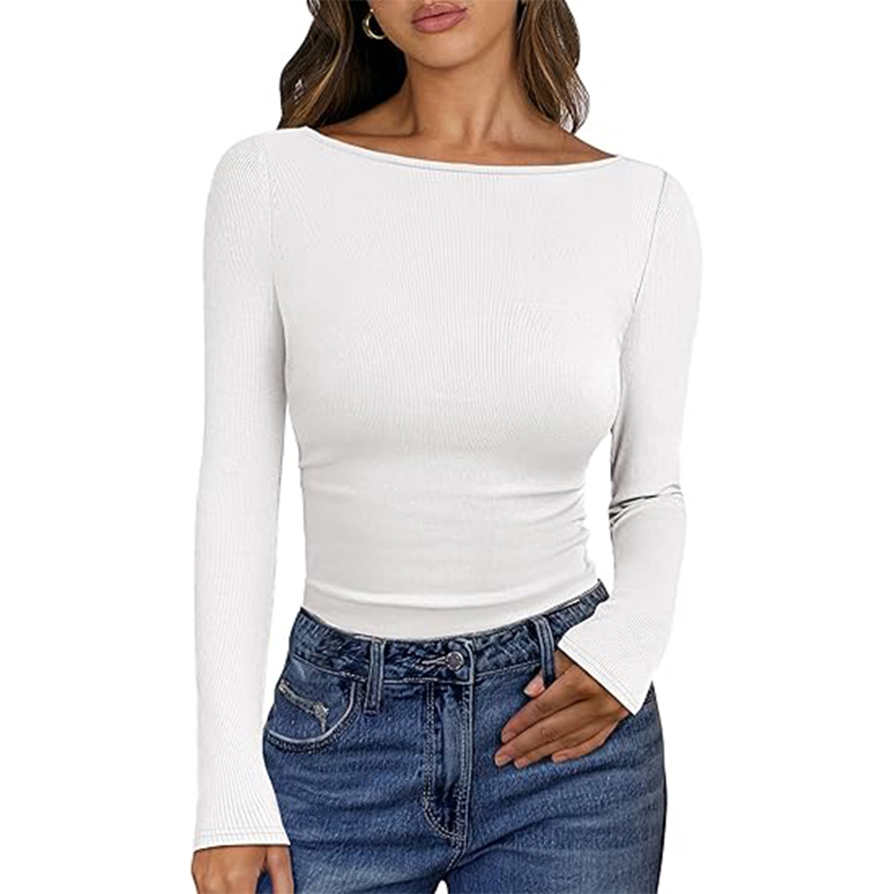 Women Boat Neck Long Sleeve Shirt 45