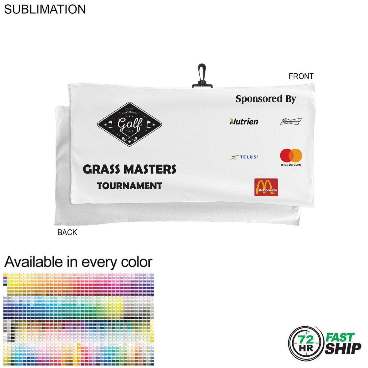 fiel 72 Hr Fast Ship - Oversized Golf Towel in Microfiber Terry 22x44 with Black Hook Sublimated #SU463W-30
