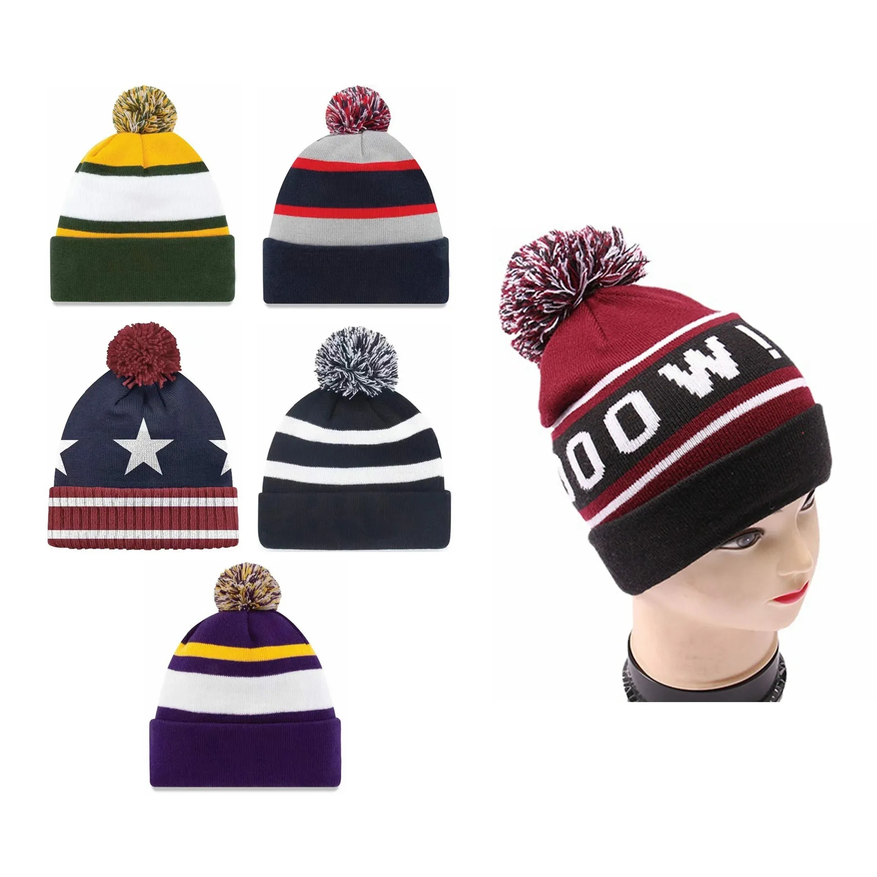 Jacquard Knitted Beanie Hat With Pom