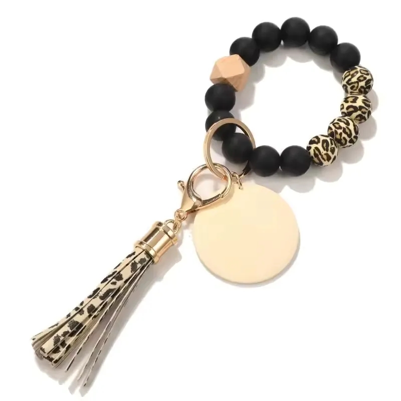 Silicone Beads Wood Chip Bracelet Keychain 3