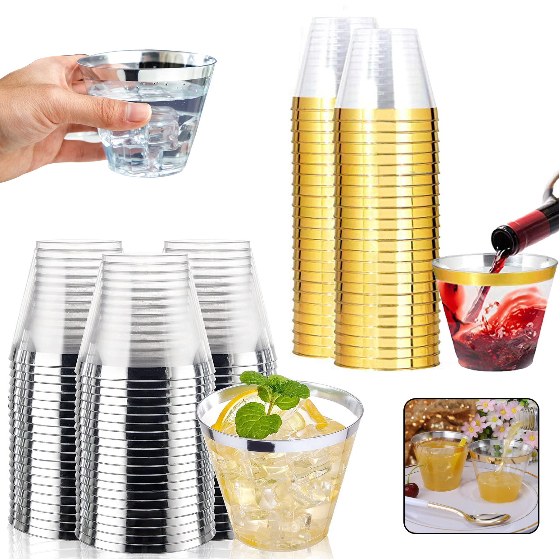 Silver Glitter 9 oz Clear Plastic Cups Tumbler 6