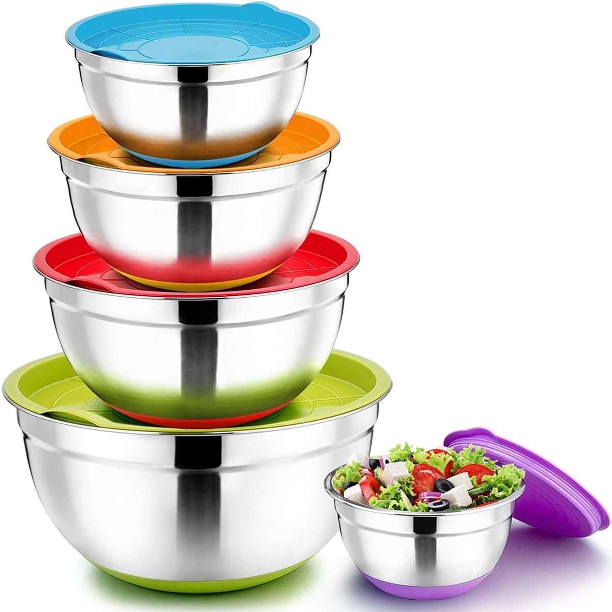 10 Pcs Nesting Bowl Set In Rainbow Lids