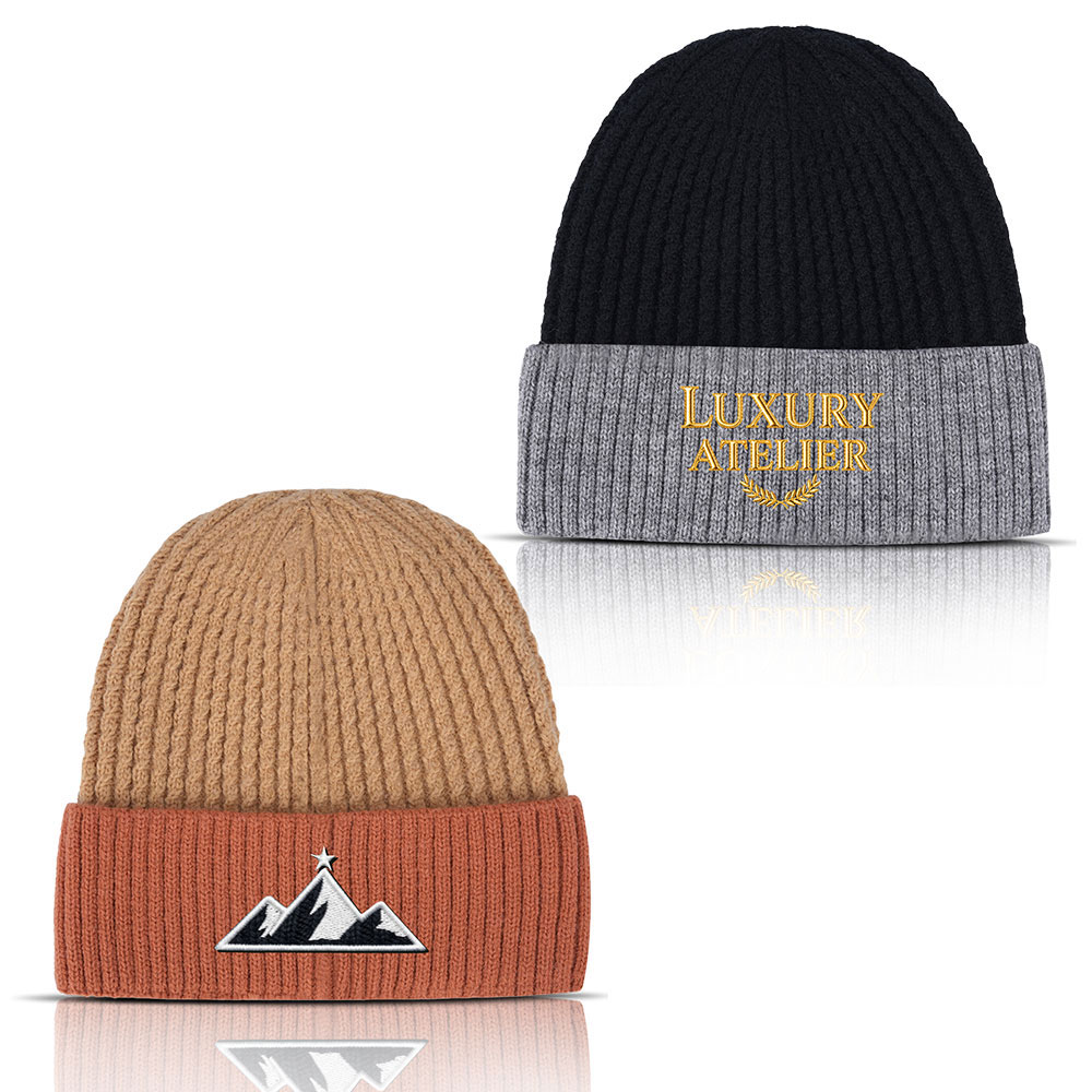 Unisex Custom Logo Two Tone Cuffed Knit Beanie Cap