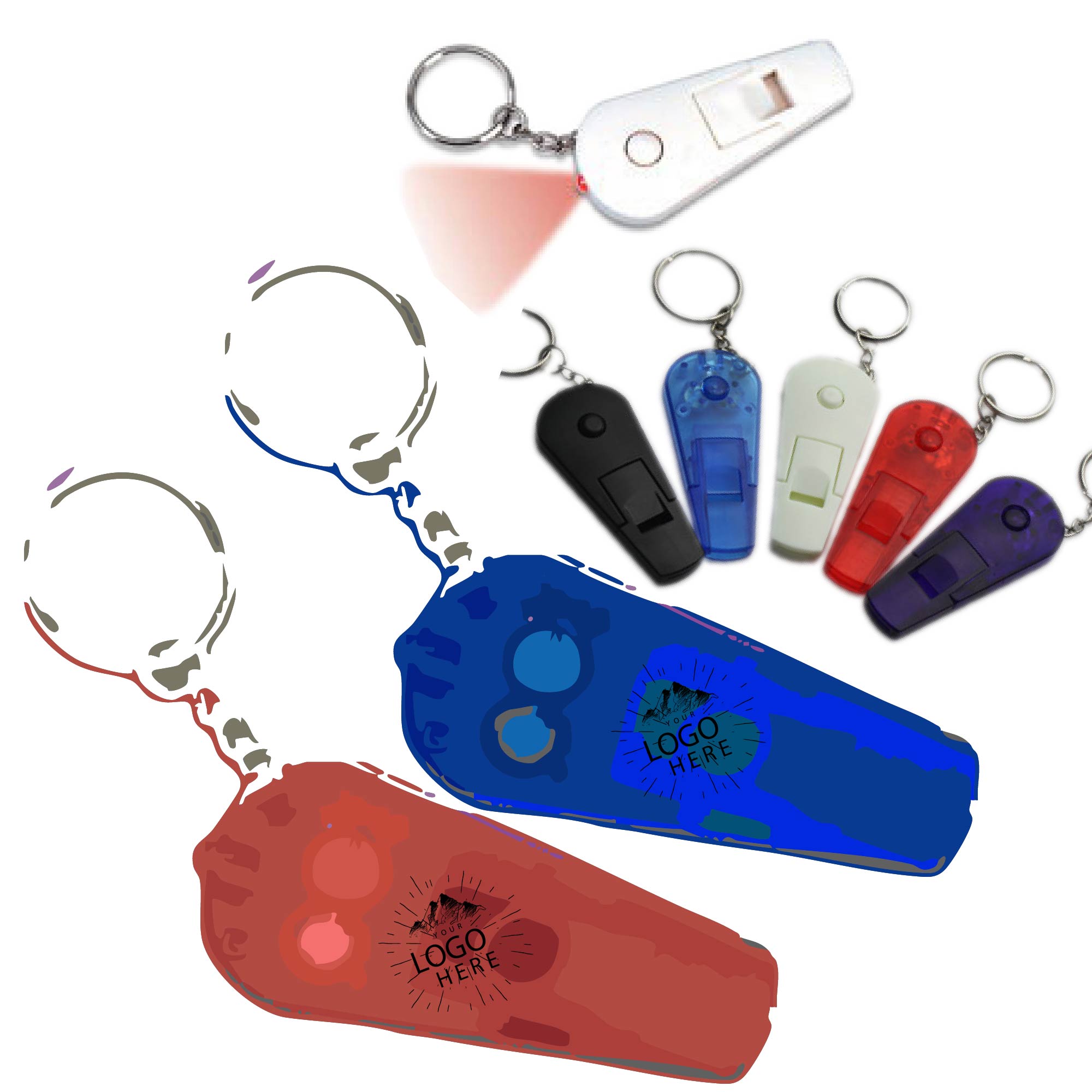 Plastic Drop Shaped Whistle Key Chain With LED Light