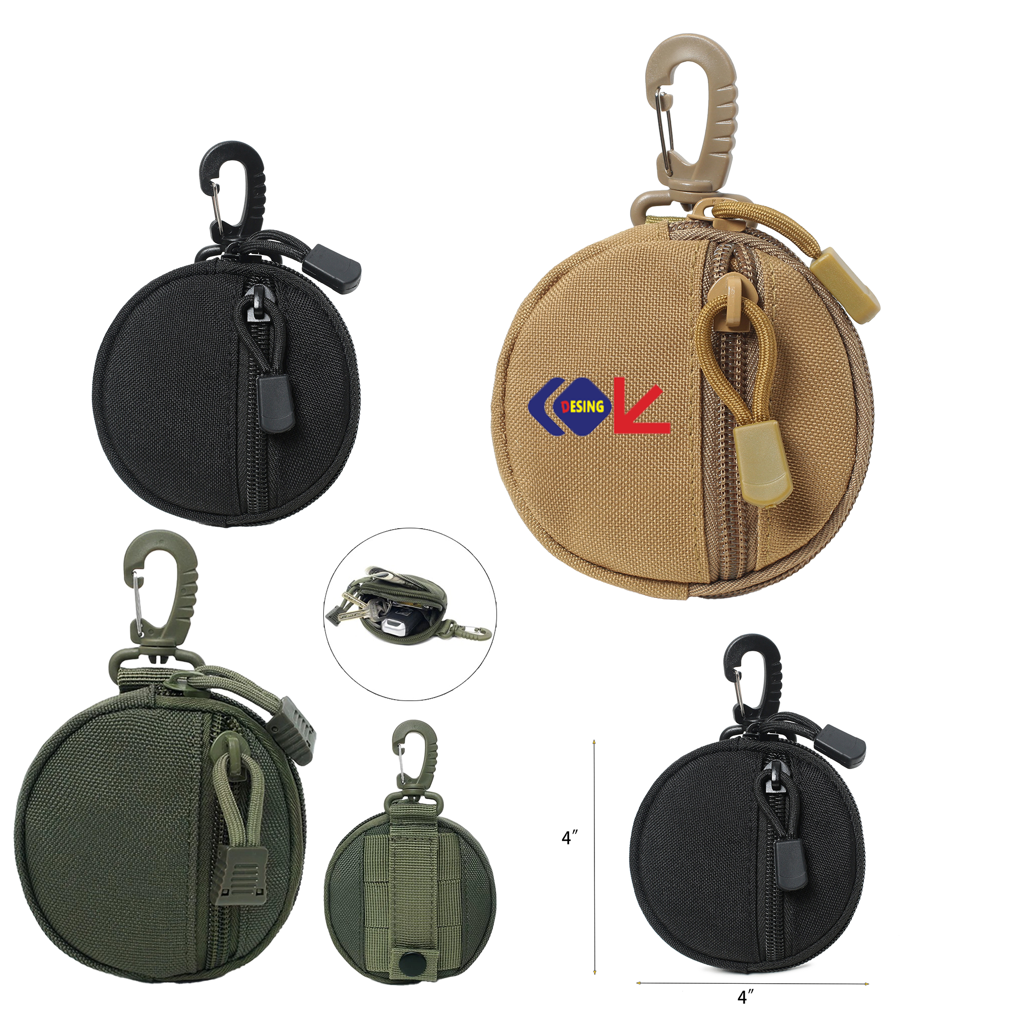 Round Nylon Utility Pouch with Carabiner Clip 2
