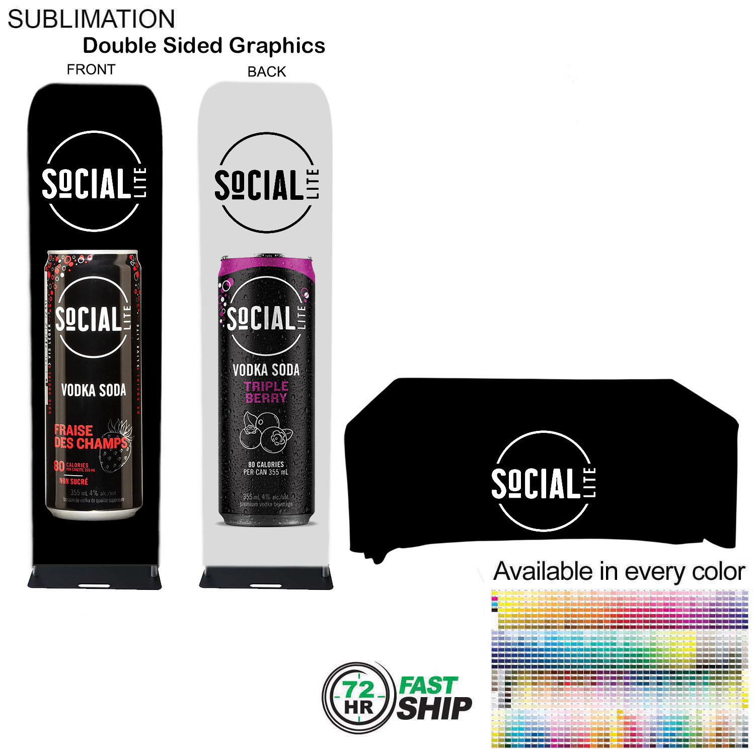 72Hr Fast Ship - Event package, 2'W Fabric banner and Premium 6' tablecloth open back 6