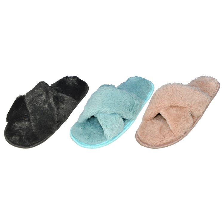 Women's Fuzzy Slippers - Assorted Cross Strap 3