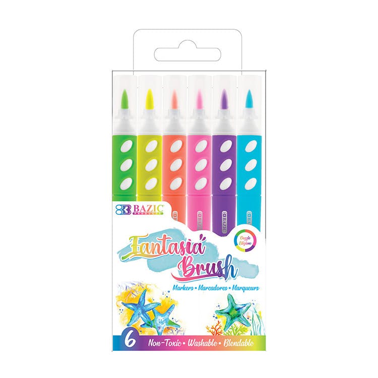 Fluorescent Brush Markers - 6 Pack Assorted 3