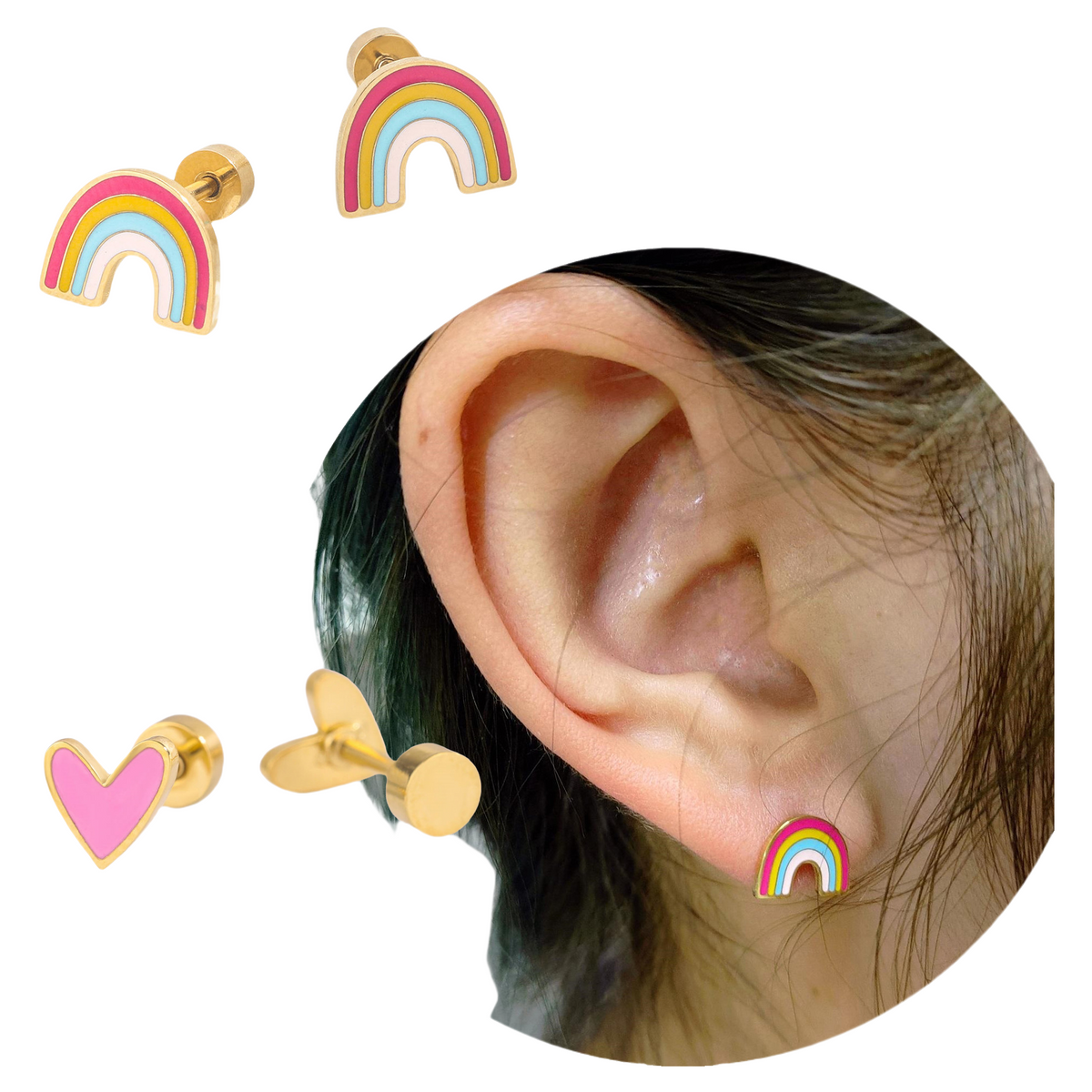 Heart Rainbow Flower Enamel Oil Drop Stud Earrings MOQ10 2