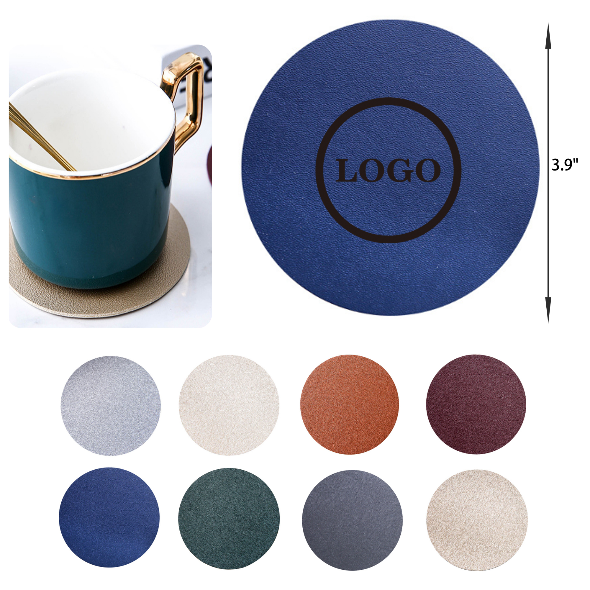 MOQ 50 PCS Waterproof Solid Color Round Leather Coaster