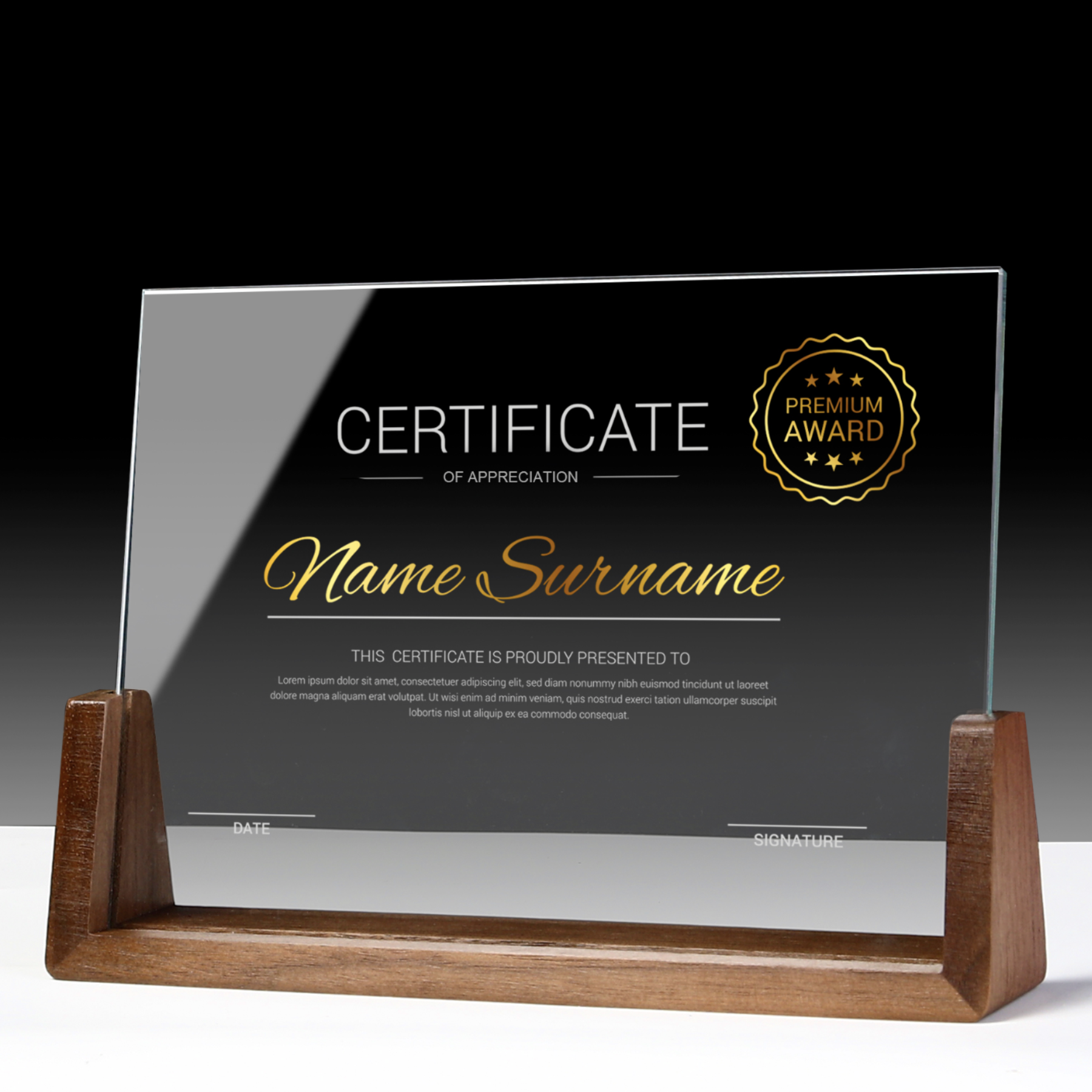 Custom Mirror Award Plaque With Wood Base