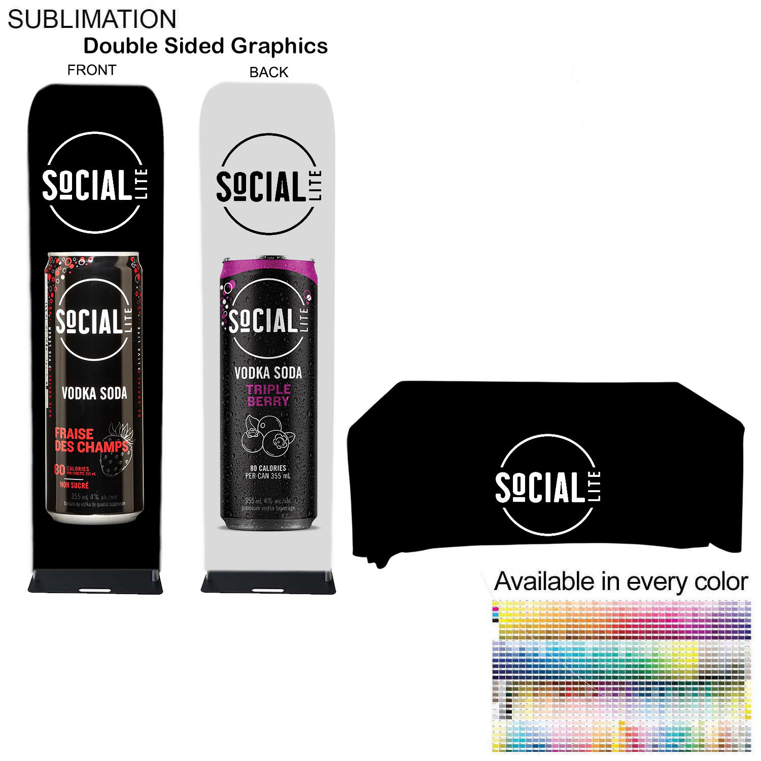 Event package, 2'W Fabric banner with steel base and Premium 6' tablecloth open back 10