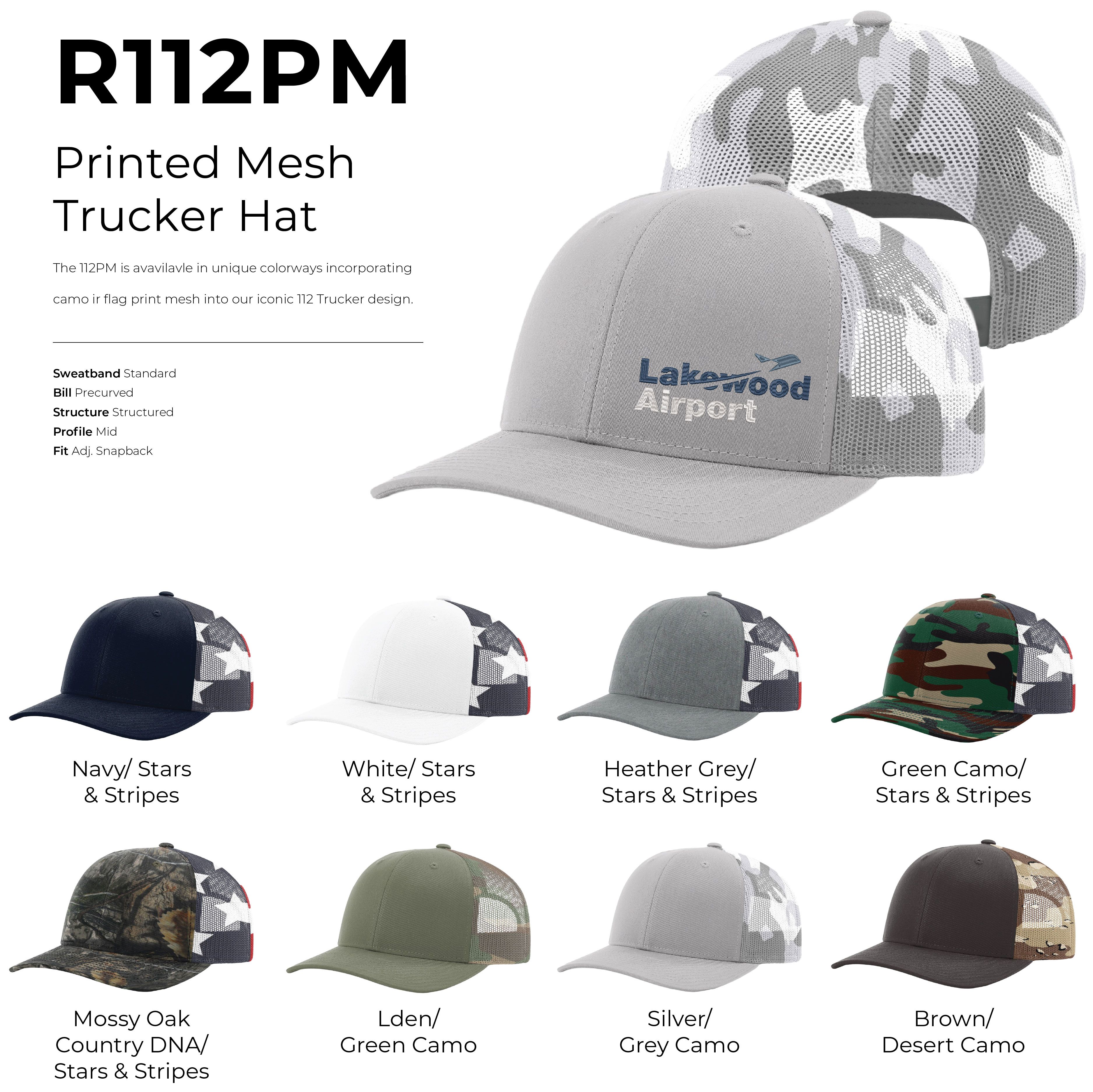 Richardson 112PM Printed Mesh Snapback Trucker Hat w/Leatherette Adhesive Patches or Embroidery 52