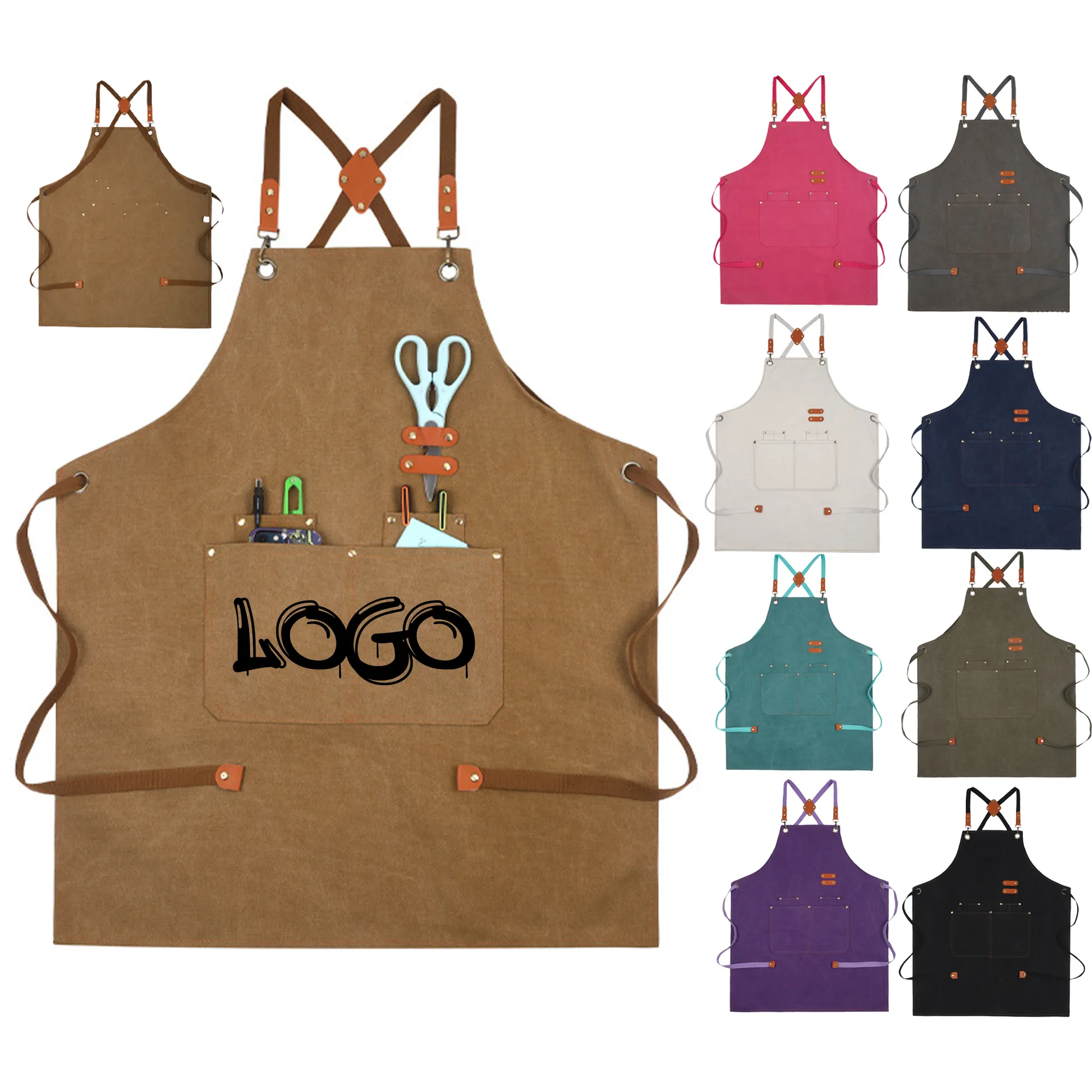MOQ 10 Heavy Duty Canvas Work Apron Adjustable Utility