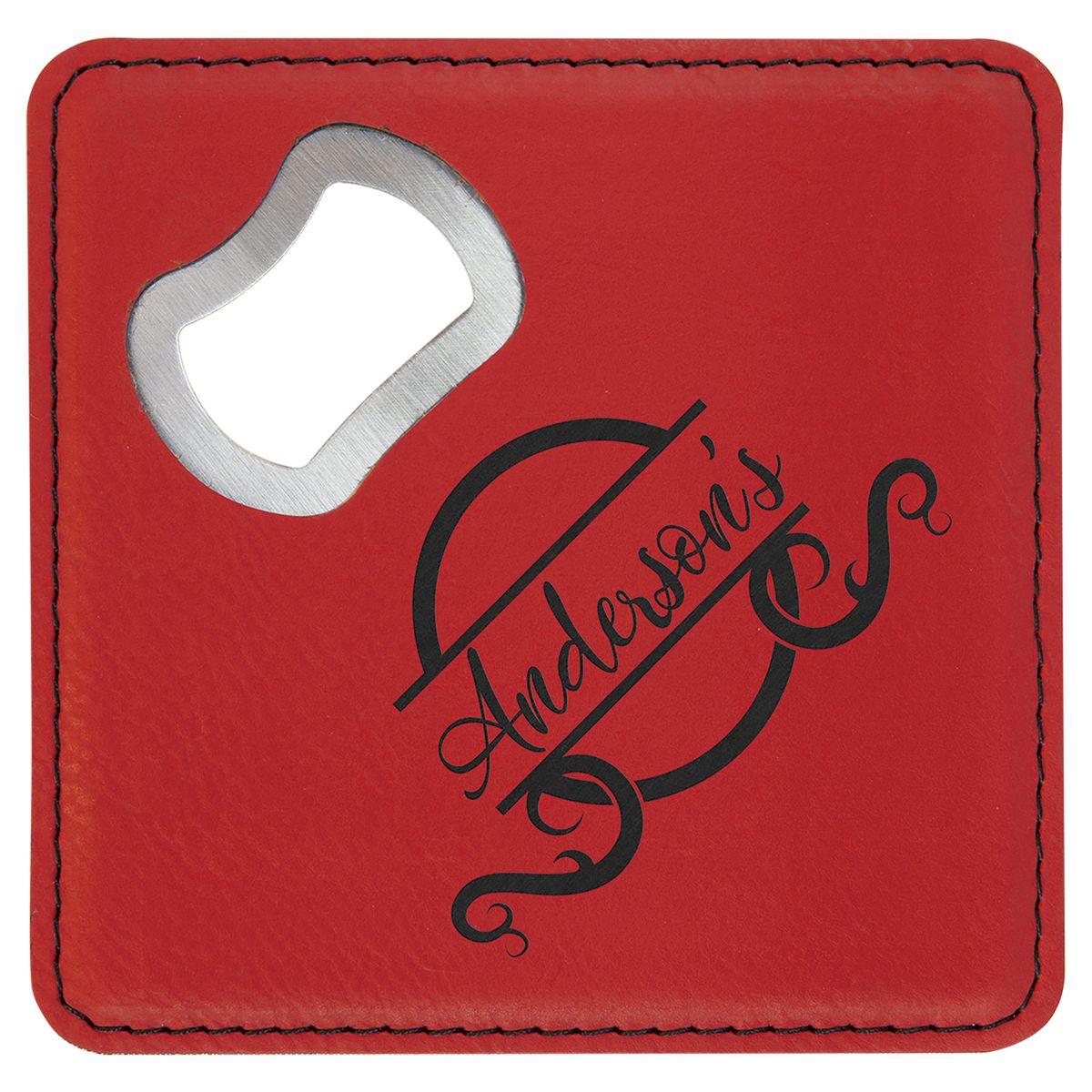4" x 4" Square Red Leatherette Bottle Opener Coaster 2
