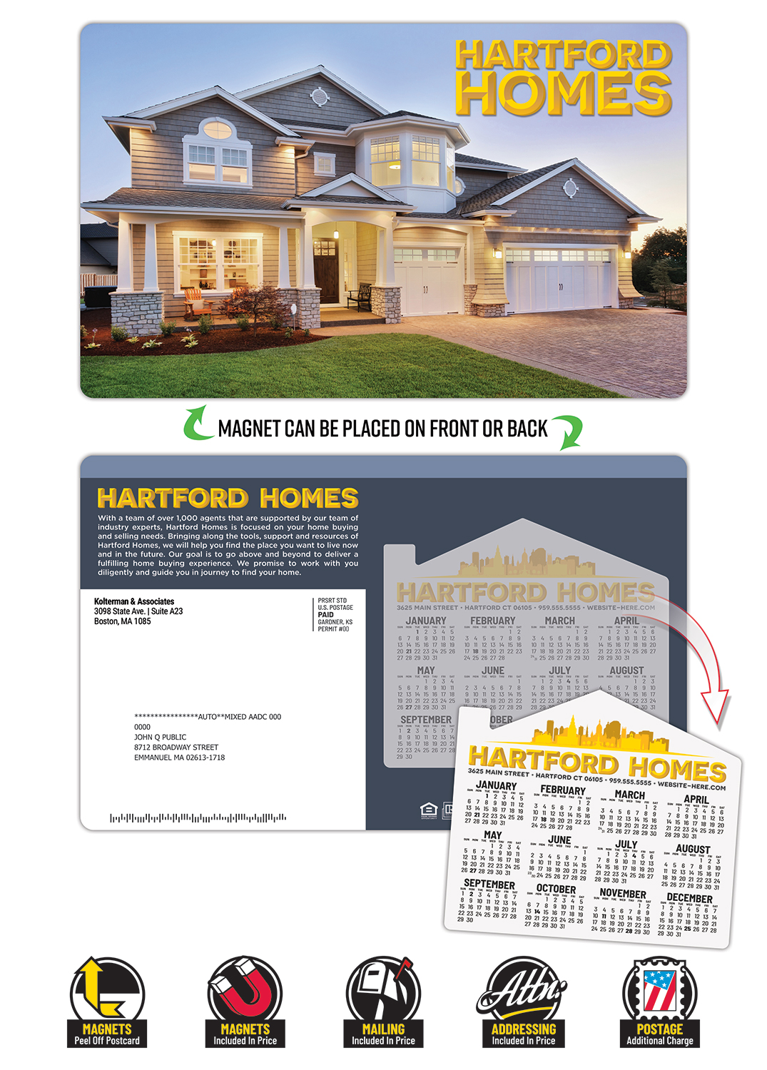 Magna-Peel Laminated Postcard (8.5x5.25; 14pt) with 4x3.5 House Shape Magnet (25 mil.)