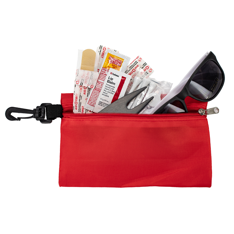 "CHIP 16" 16 Piece Golf Kit in Supersized Zipper Pack Components inserted into Zipper kit with Carab 1