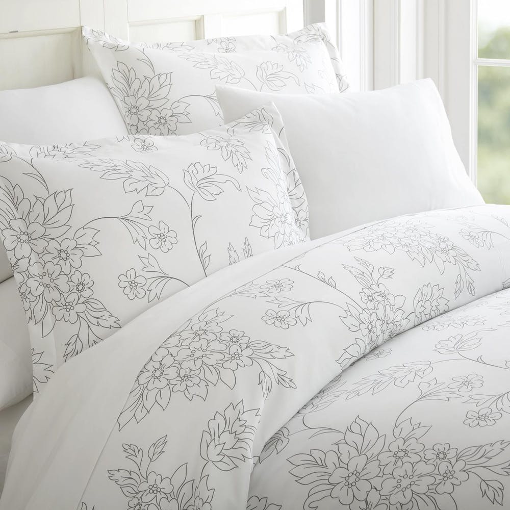 Duvet Cover Sets - Gray Floral Pattern Queen 3 Piece 3
