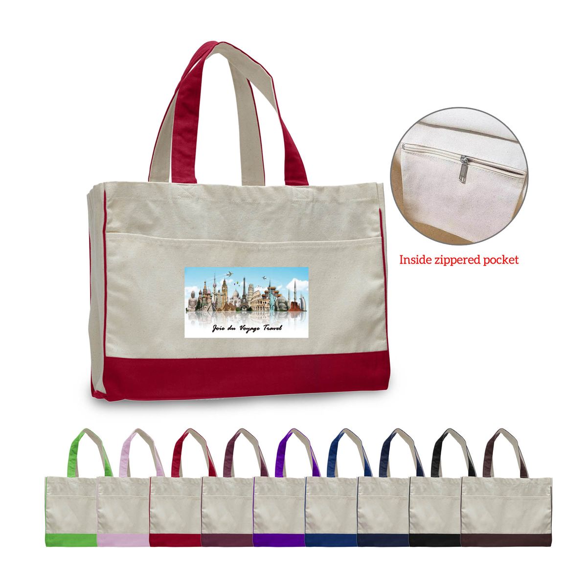 12 oz. Cotton Canvas Self Fabric Handles Tote Bag/w inside zipper pocket_R114BT