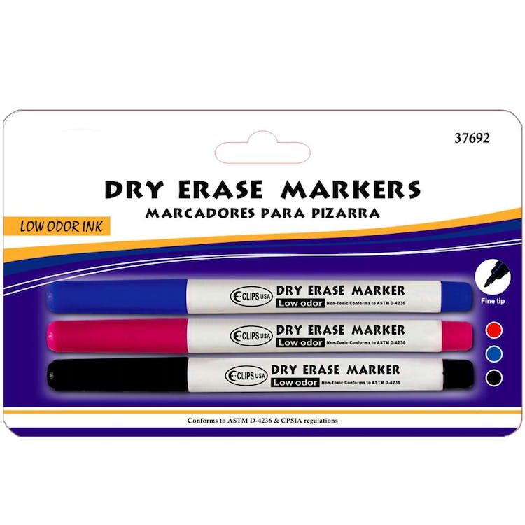 Dry Eraser Markers - 3 Pack Black Red Blue Fine Tip 3