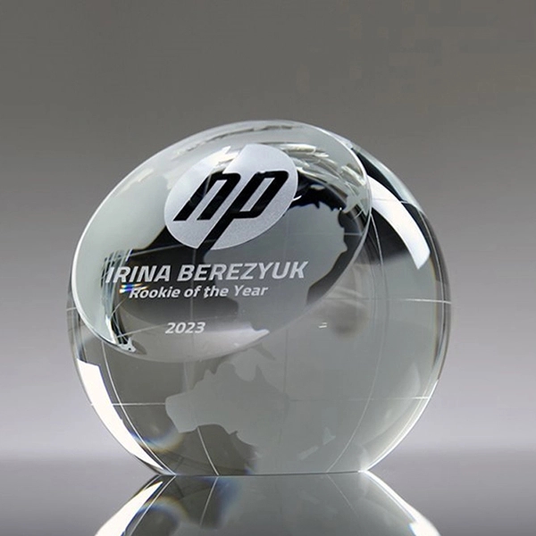 Laser engraved crystal globe paper weight