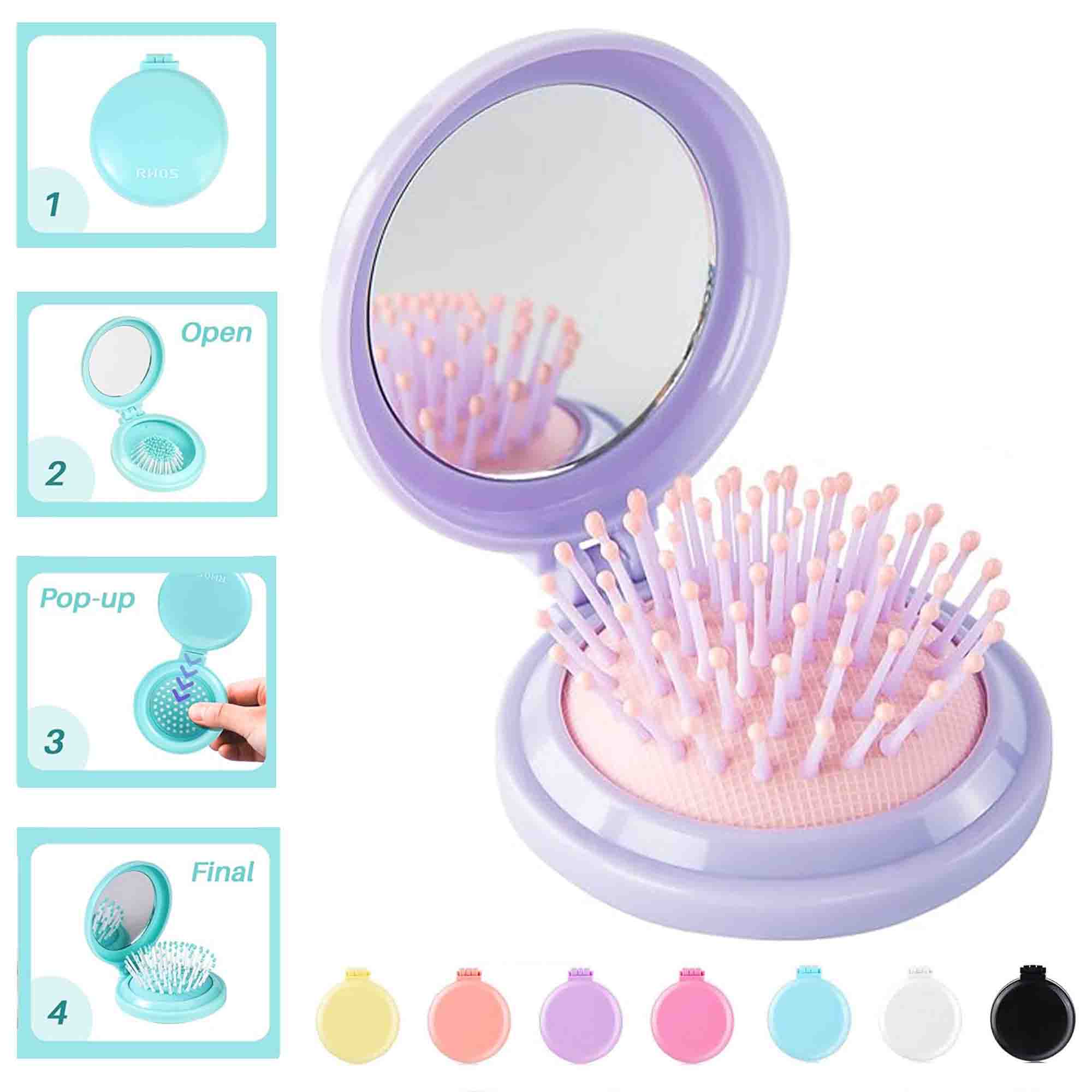 Folding Portable Travel Round Wet Dry Hair Brush with Mirror 3
