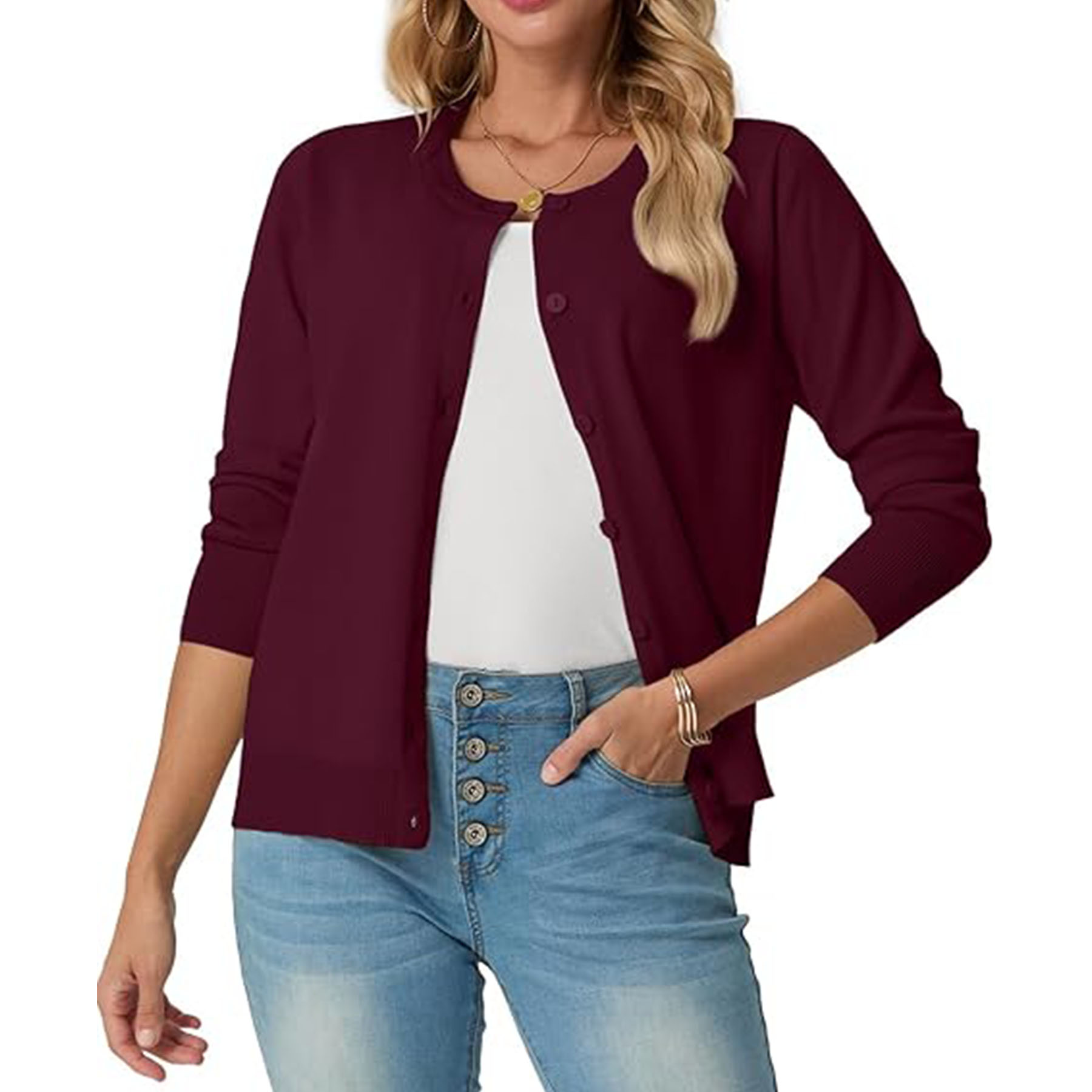 Women's Long Sleeved Lightweight Round Neck Casual Cardigan 37