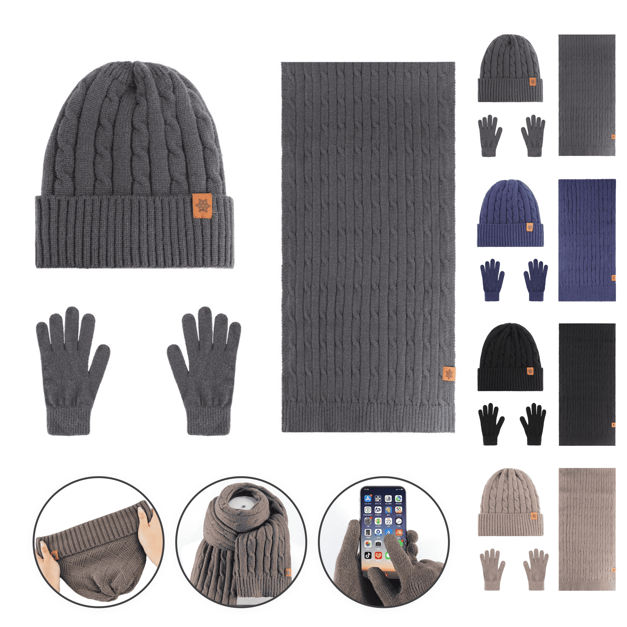 Winter Knitted Hat Scarf Touchscreen Glove Set 8