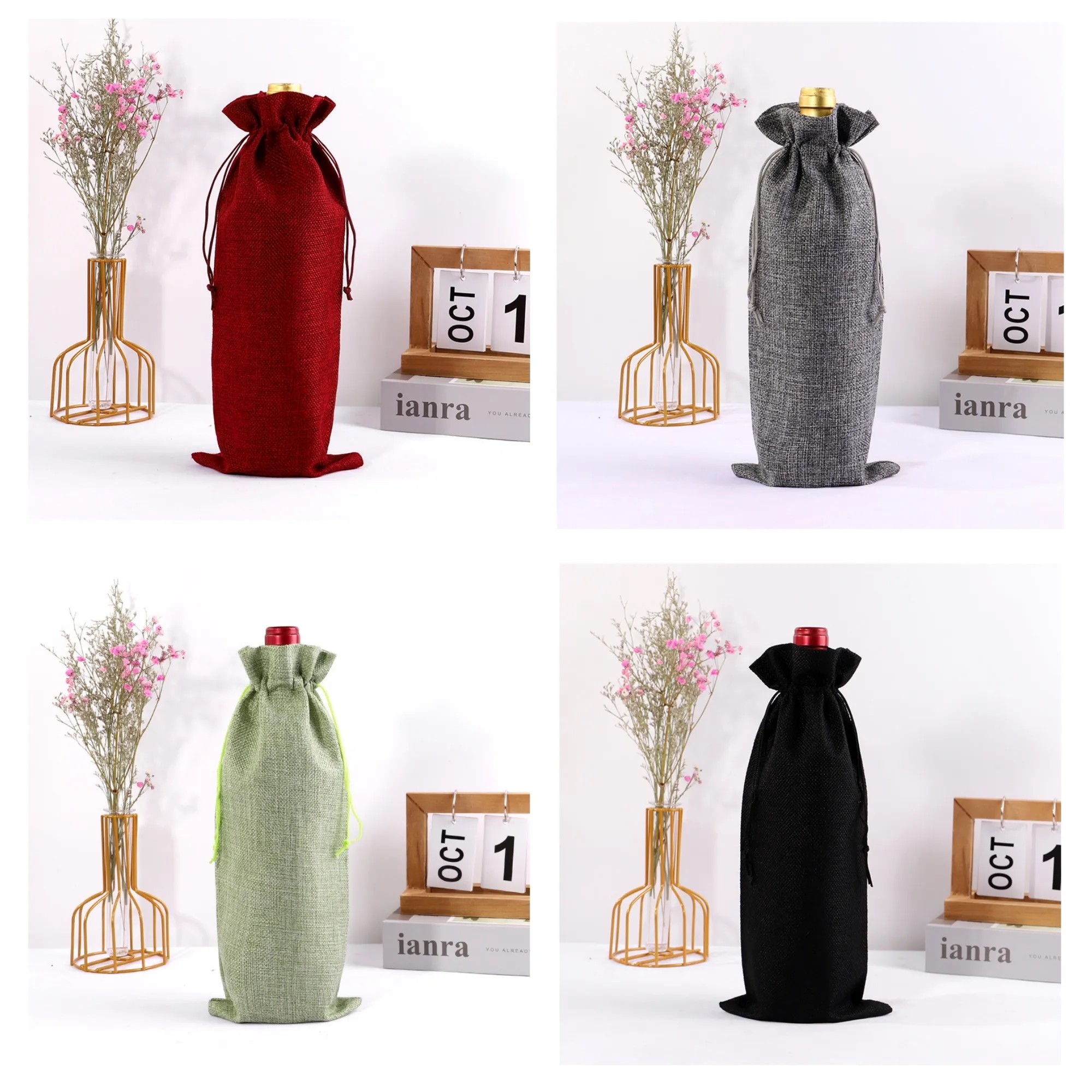 Full Color Drawstring Linen Wine Bottle Bag 15