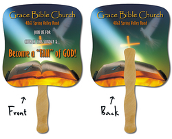Religious Hand Fan - 7.375x7.75 Laminated - 14 pt.