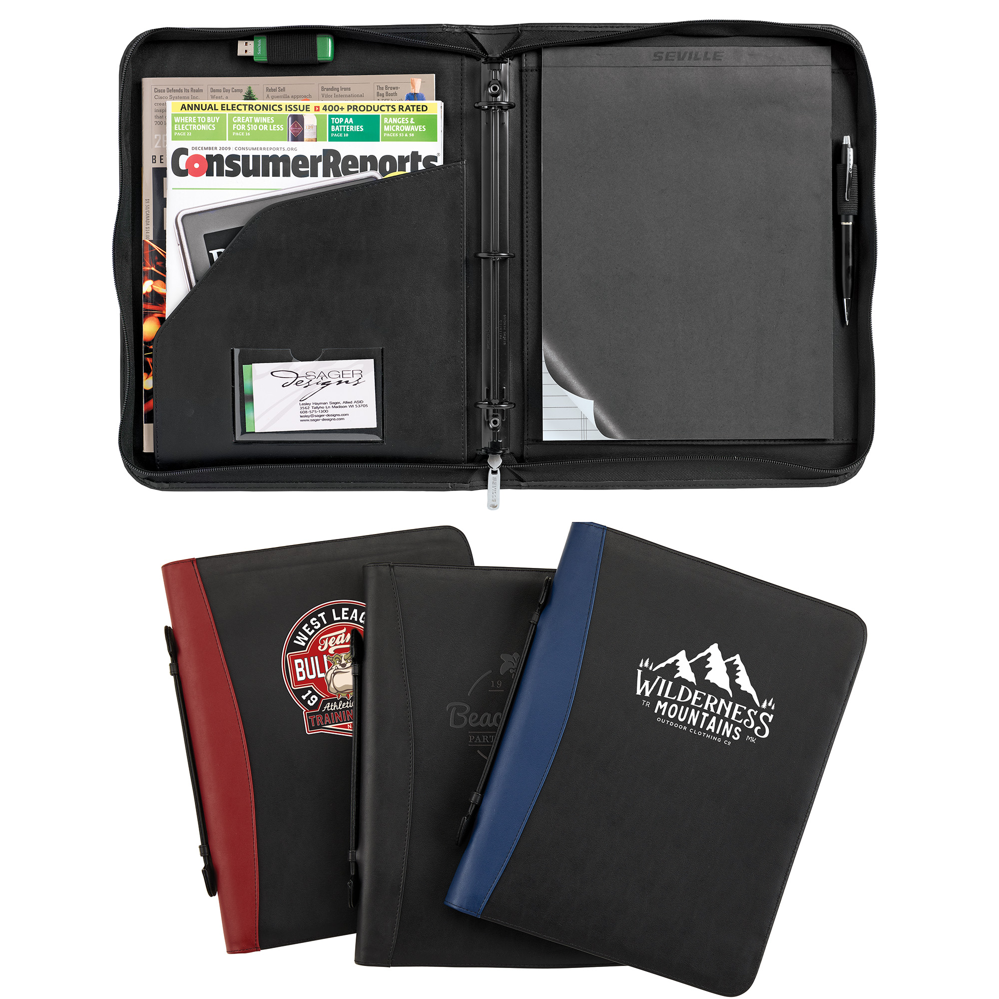 Conference Ring Portfolio - Zippered, Binder Padfolio with Paper & Privacy Cover