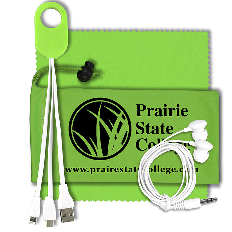 Mobile Tech Charging Kit with Earbuds in Microfiber Cinch Pouch Components inserted into Microfiber 19