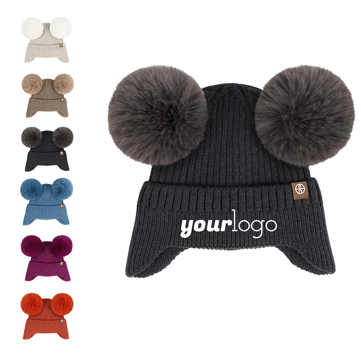 Double Pom Pom Earflap Winter Beanie for Kids, custom youth shirt with logo imprint 8