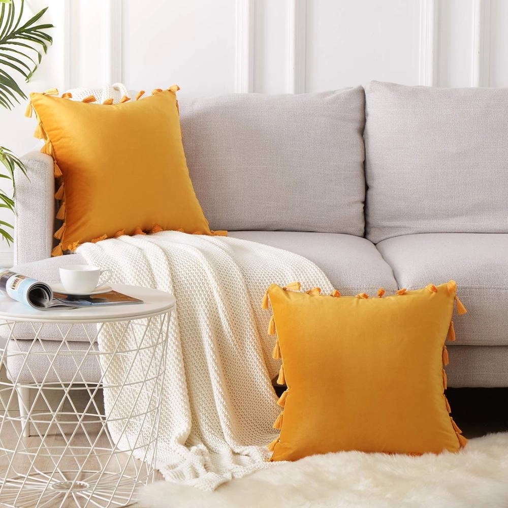 Soft Velvet Solid Square Throw Pillow With Tassels