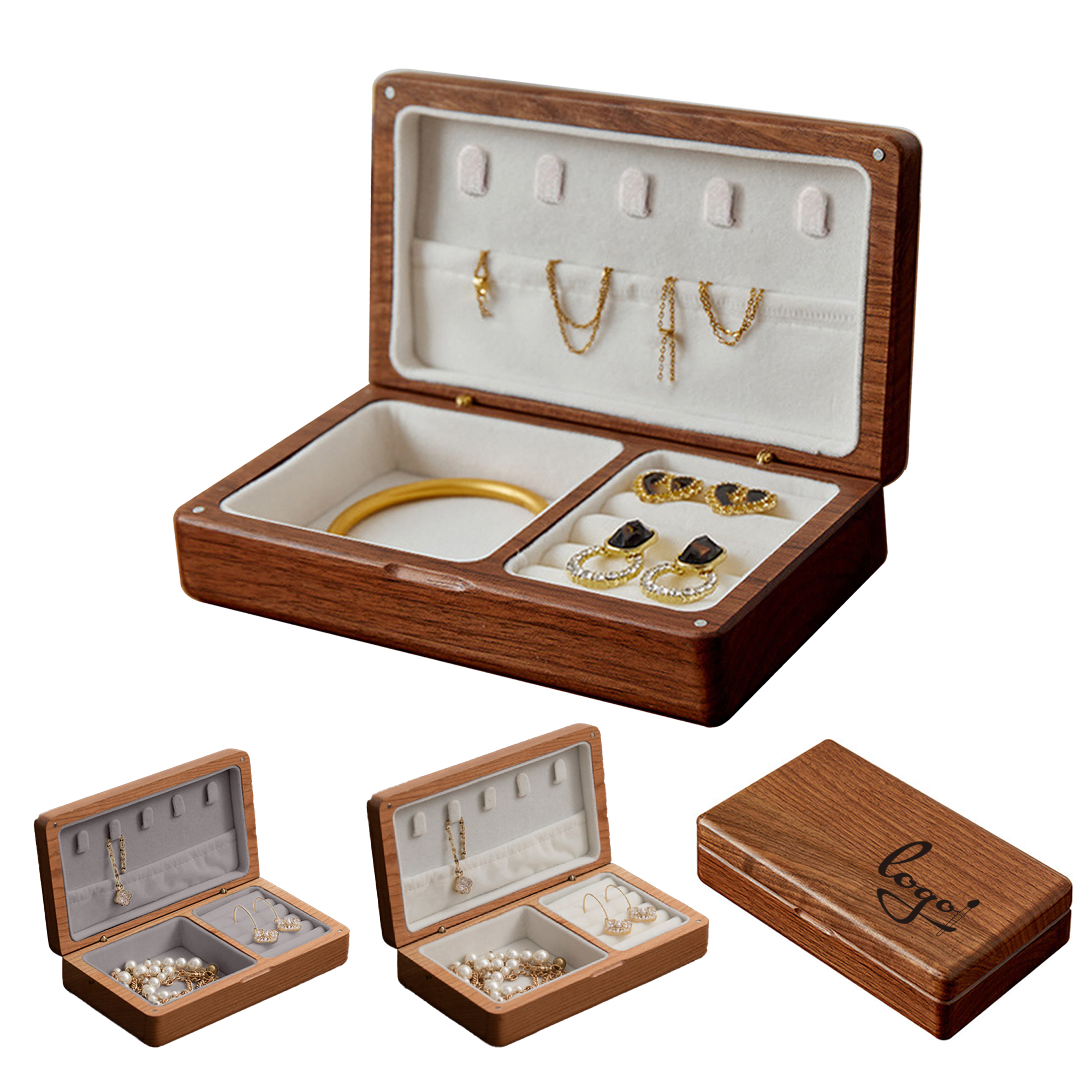 Natural Wood Jewelry Storage Box Velvet Lined Organizer 3