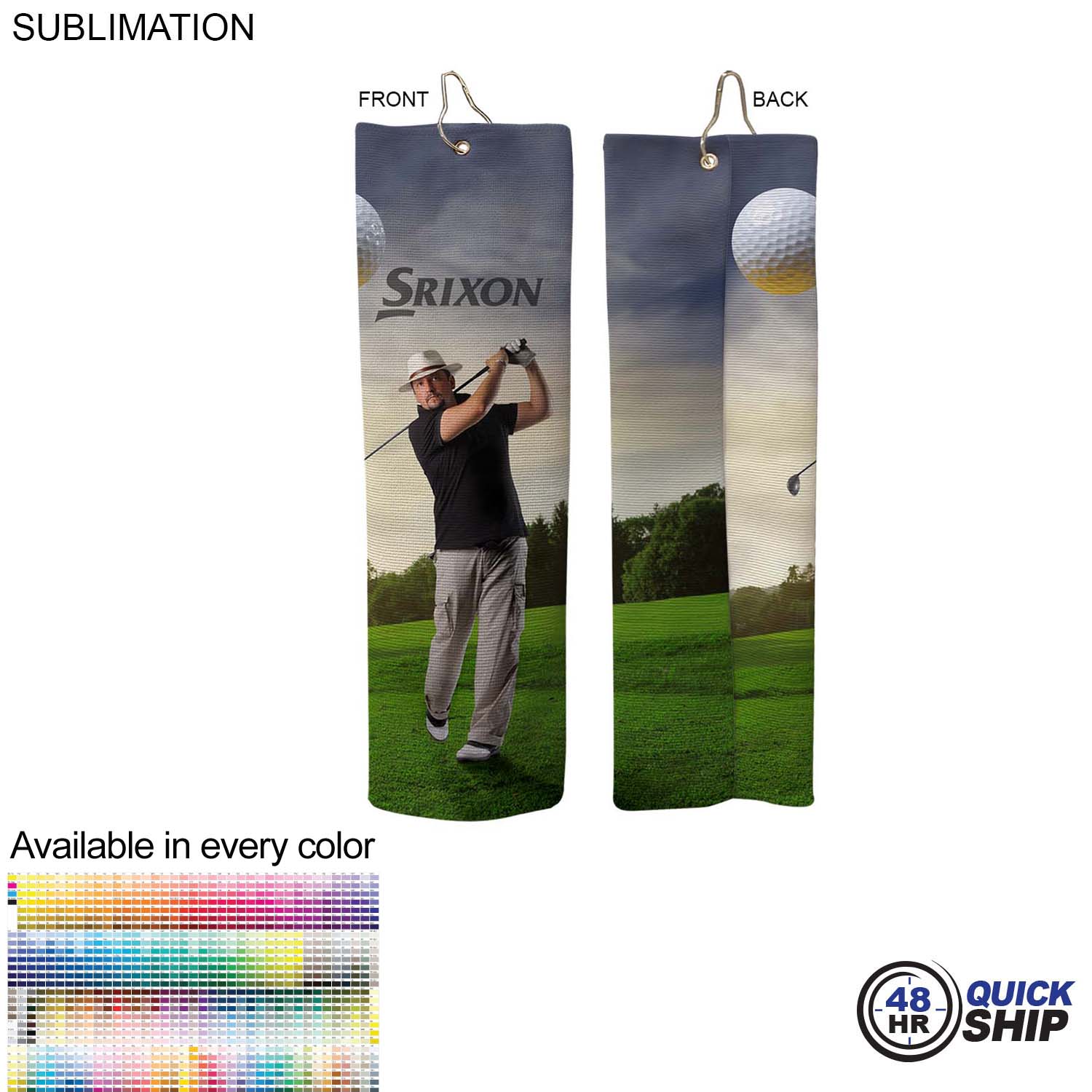 48Hr Quick Ship-Microfiber Dri-Lite Terry Golf Towel, 18" length, Trifold Grommet & Hook, Sublimated 10