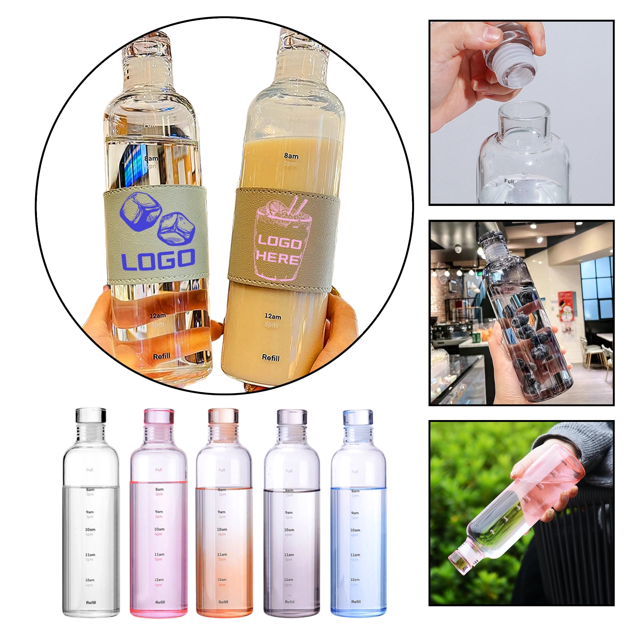Portable Glass Water Bottle With Time Marker