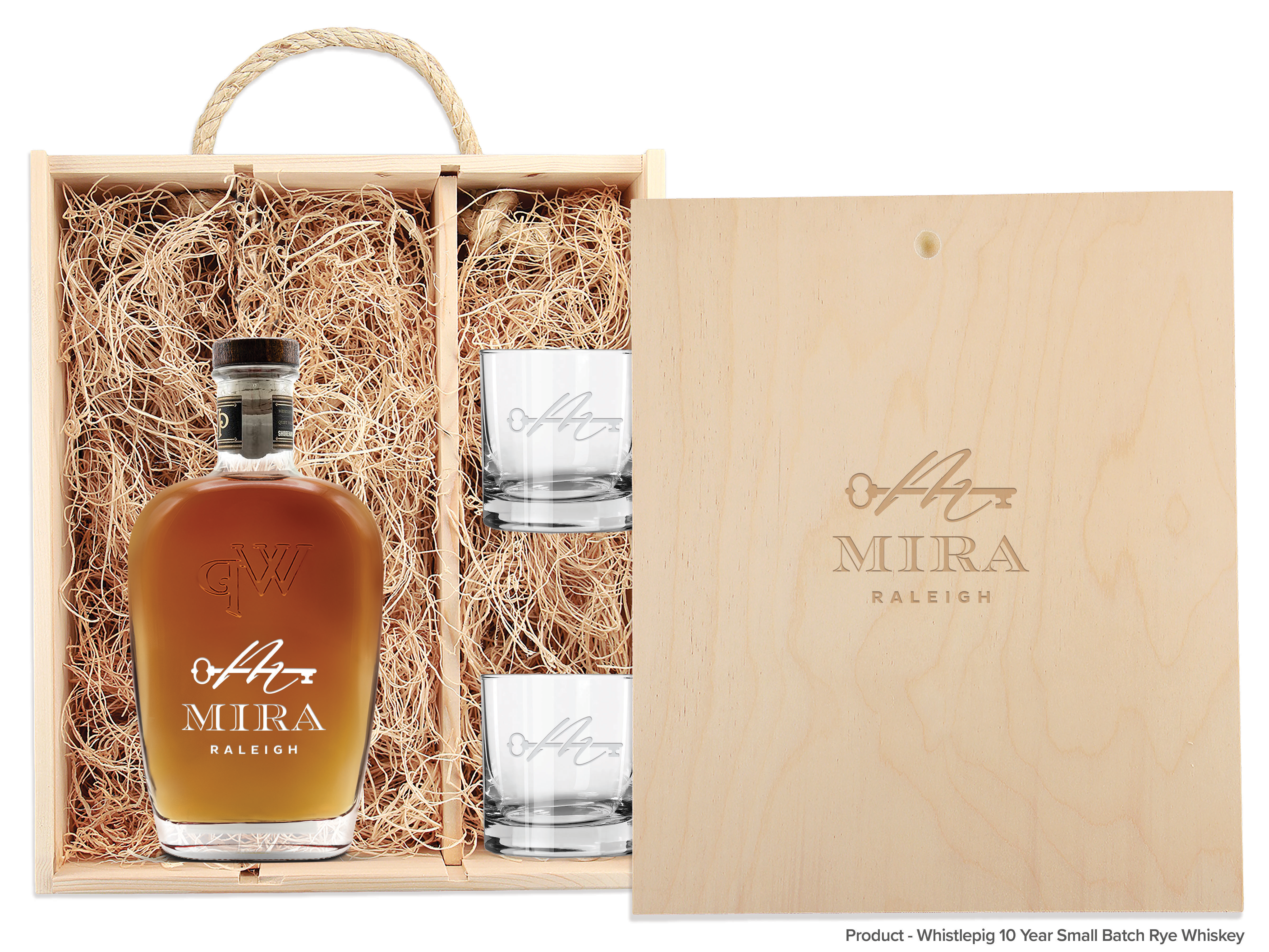 Laser-Engraved Triple Wood Box w/Custom Etched Liquor Bottle + Glasses 11
