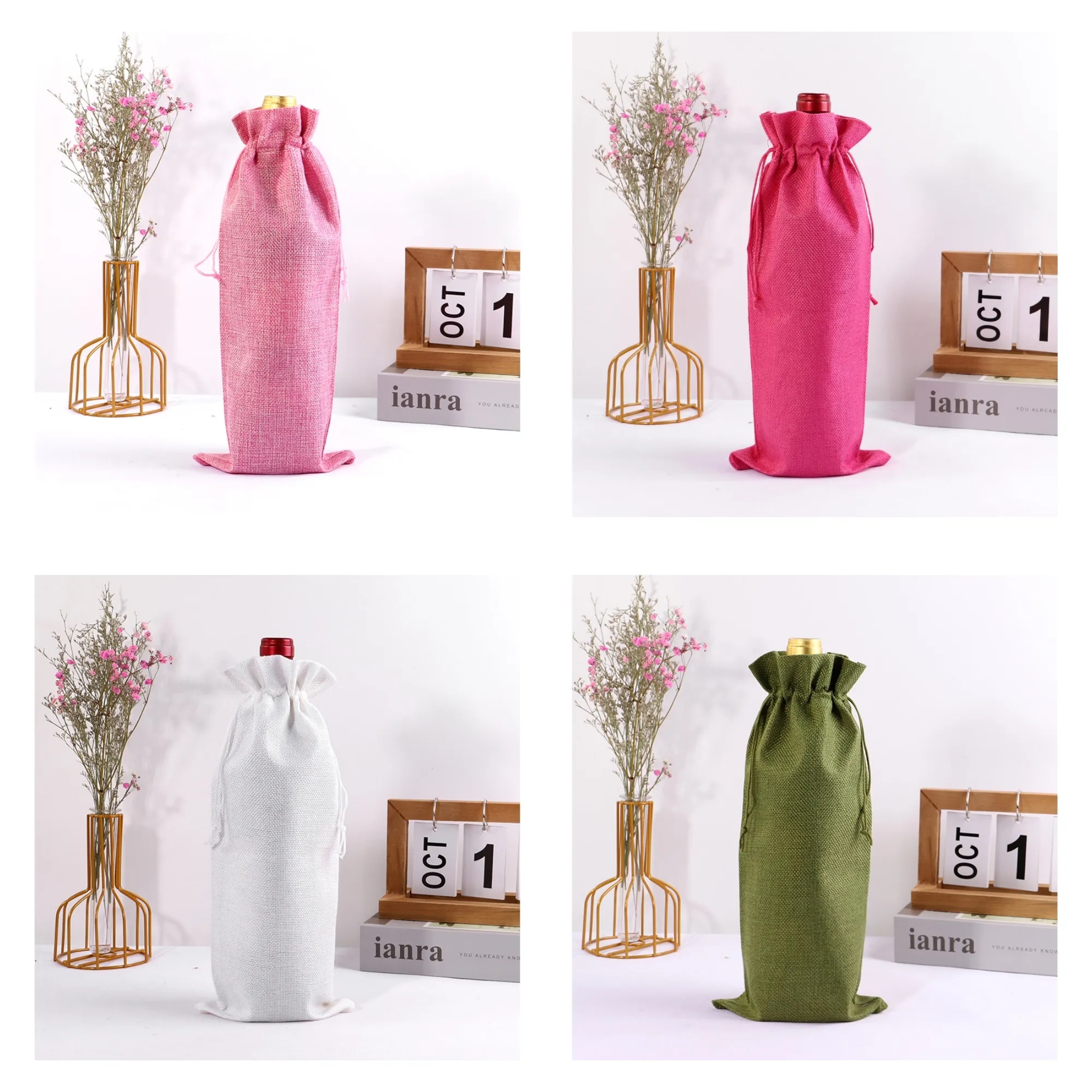 Full Color Drawstring Linen Wine Bottle Bag 14