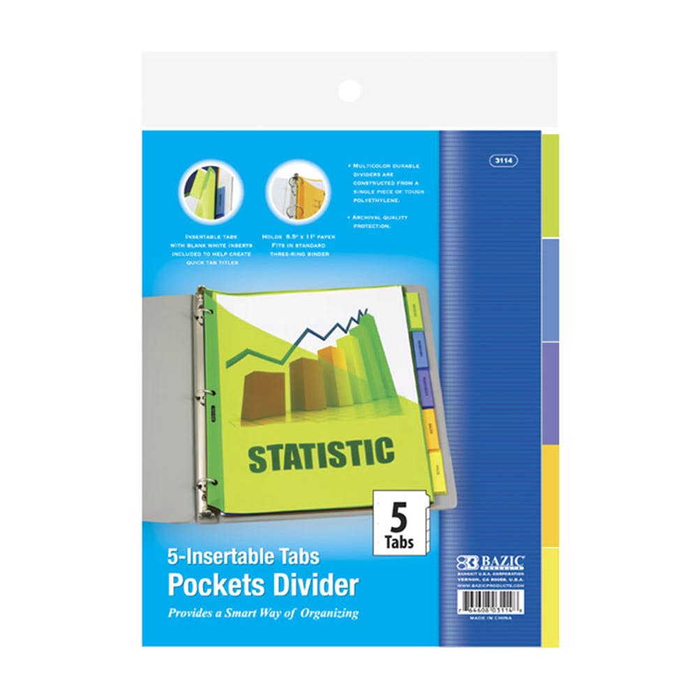 Index Dividers - 5 Count 3 Ring Reinforced Front Pockets Labels 3