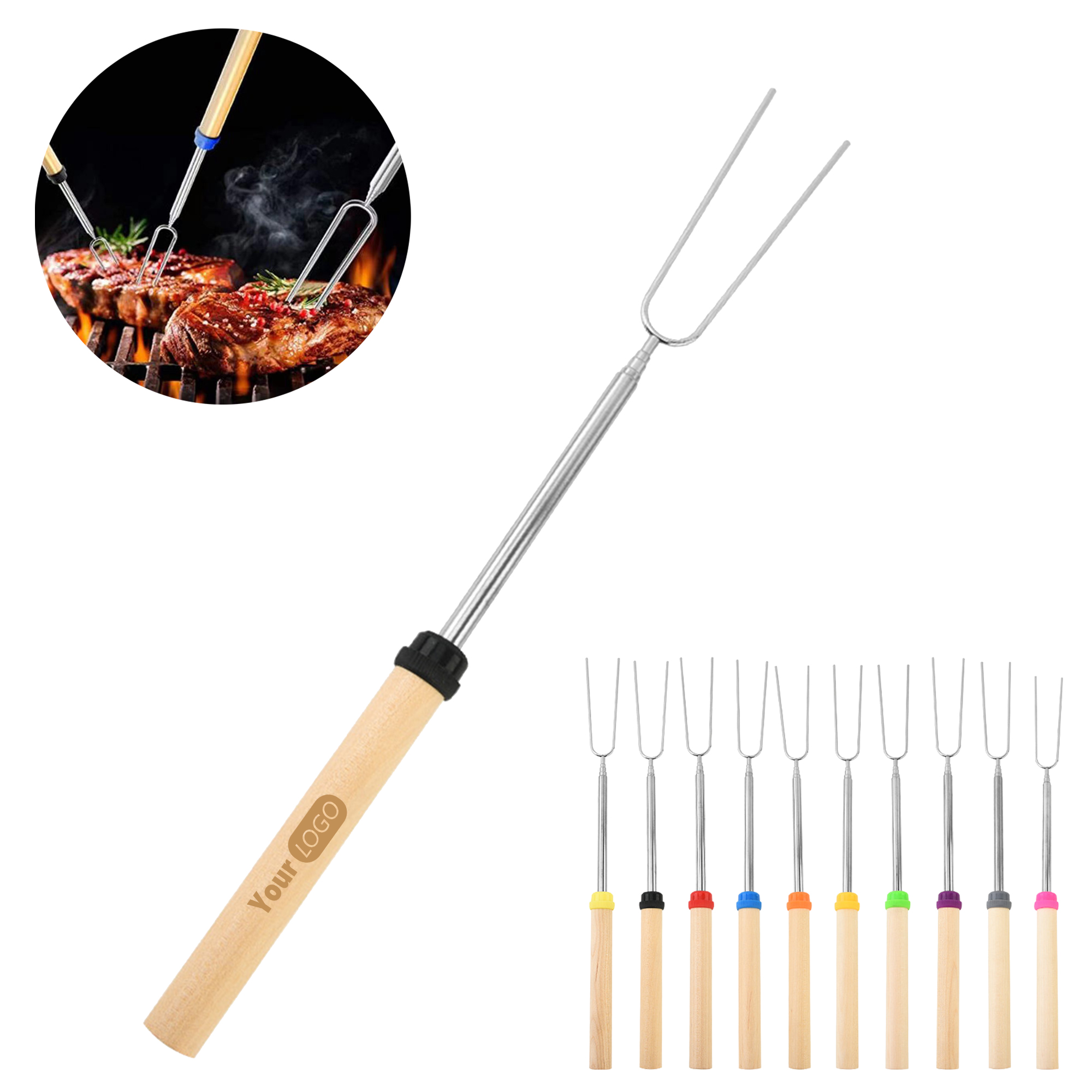 Telescopic Barbecue Skewer Fork With Wooden Handle 13